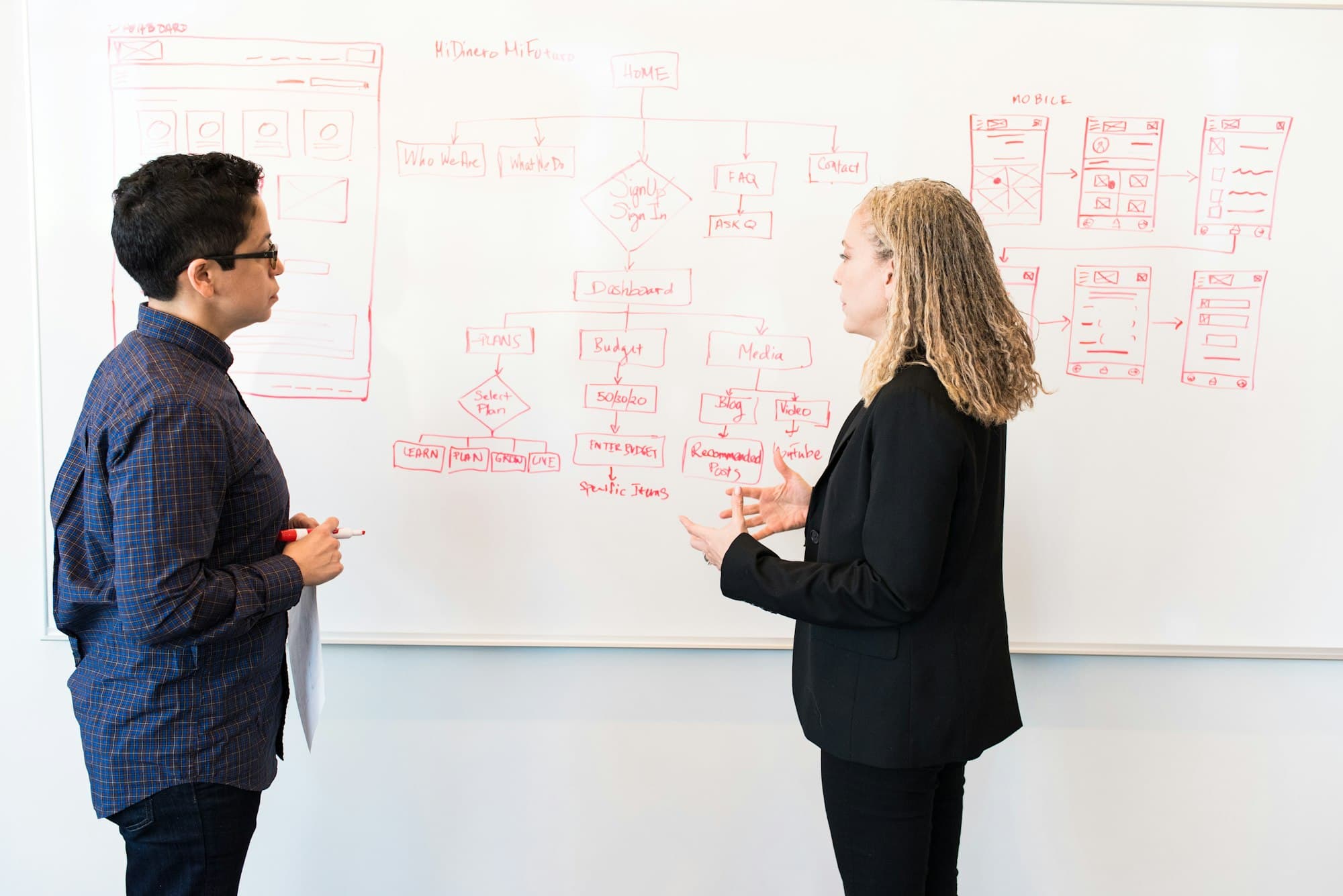 Pinnacle AI engineers mapping out a product architecture together at a whiteboard