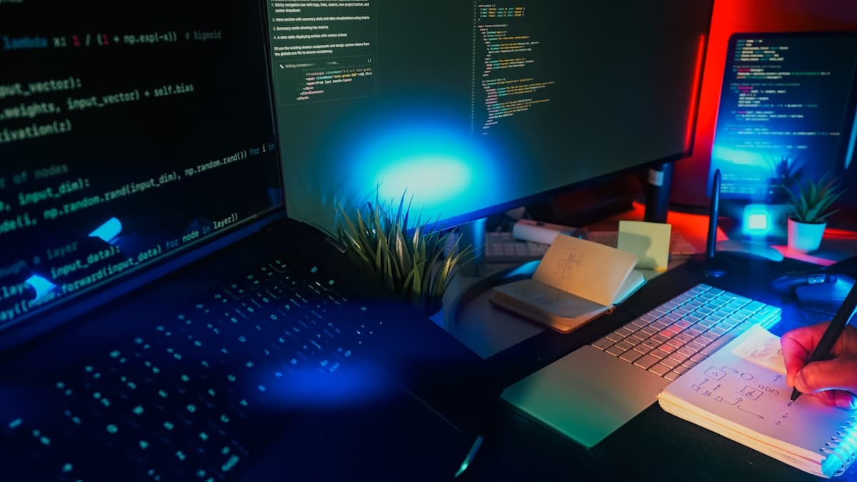 Developer workstation with multiple monitors showing code
